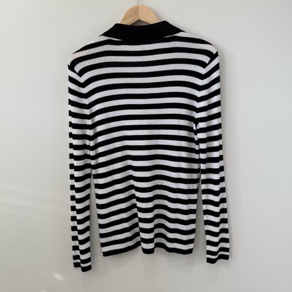 Talbots Size L Ribbed Knit Johnny Collar Pullover Mariner Stripe Top Black White - Picture 7 of 7